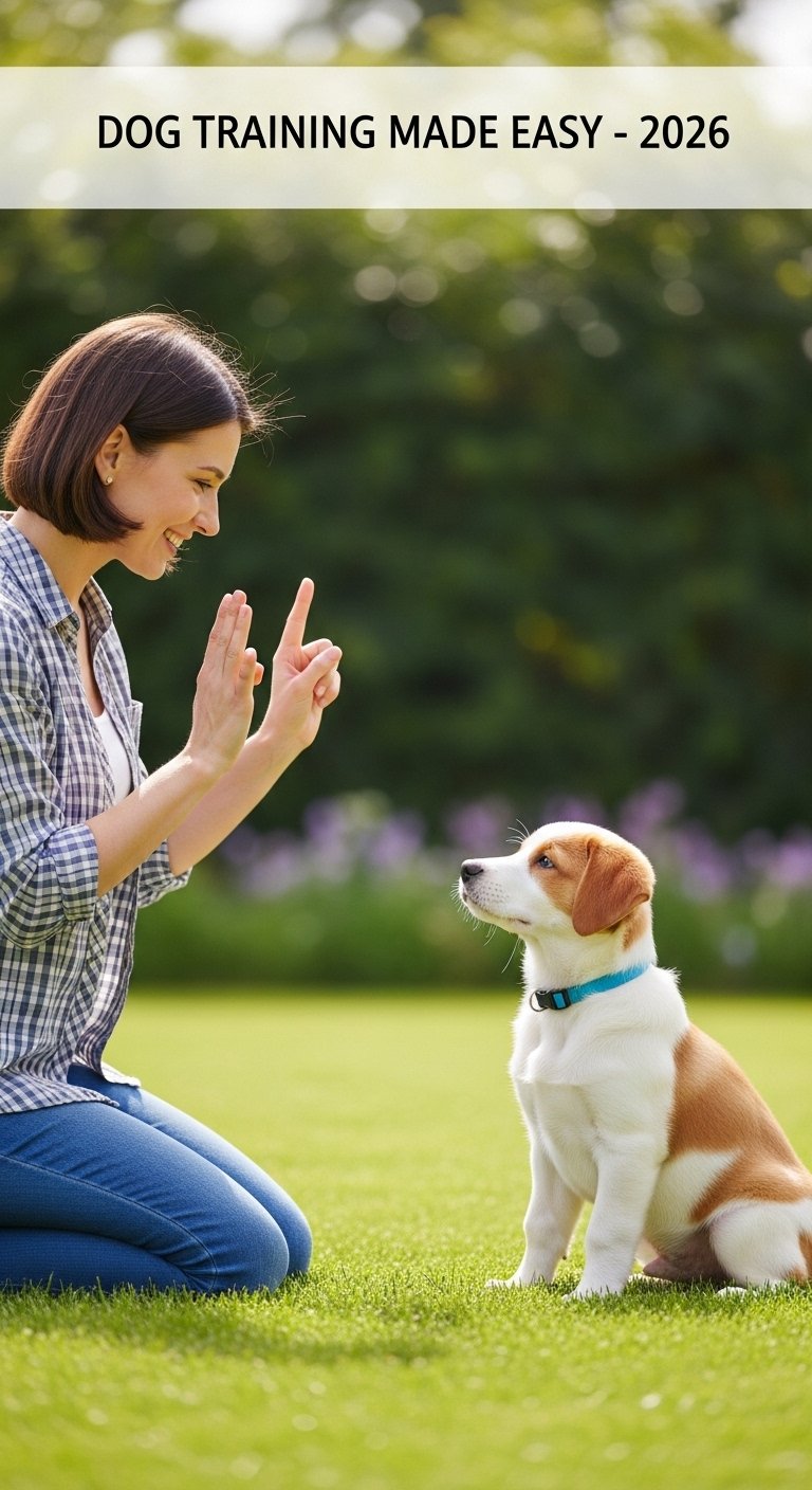 “Owner training a happy puppy to sit in backyard using positive reinforcement – dog training tips 2026.”